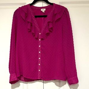 J. Crew Factory Pink Clip-Dot Ruffled Blouse BK414 sz S